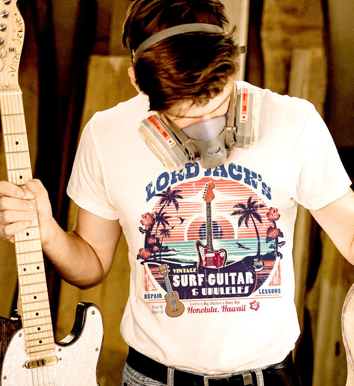 Hawaii Five-O Vintage Surf Guitar T-Shirt: Honolulu Hawaii 50 Retro Design