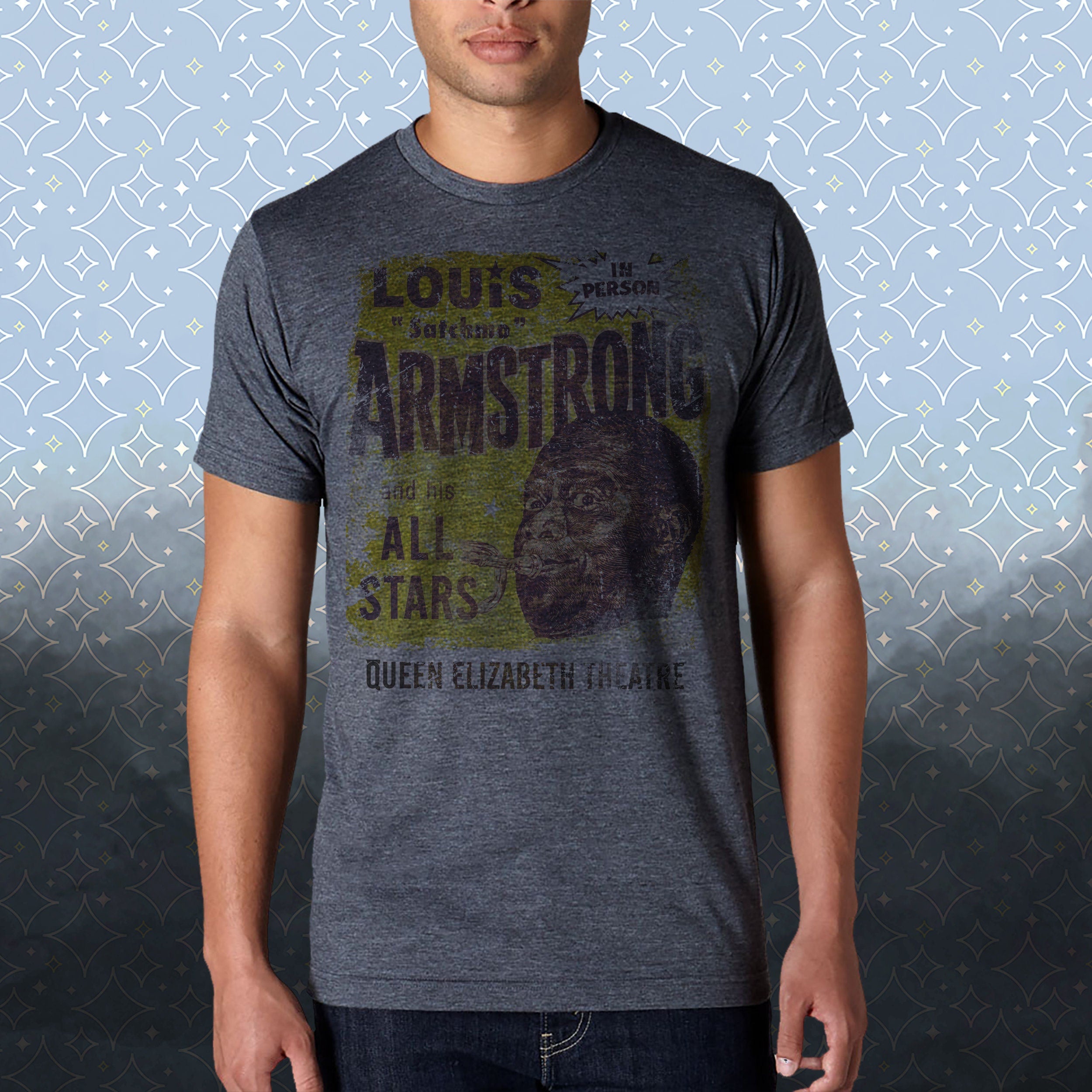 Louis Armstrong -Live- Satchmo Vintage-Style Swing Jazz Tribute Tee -Trumpet -Dixieland concert poster Pops