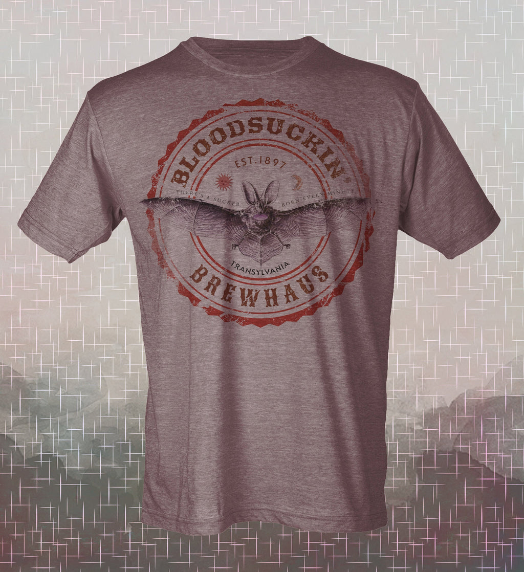 Bloodsuckin' Brewhaus Vintage-style T-Shirt Tee Transylvania Vampire Bat Beer Vacation Trip Travel