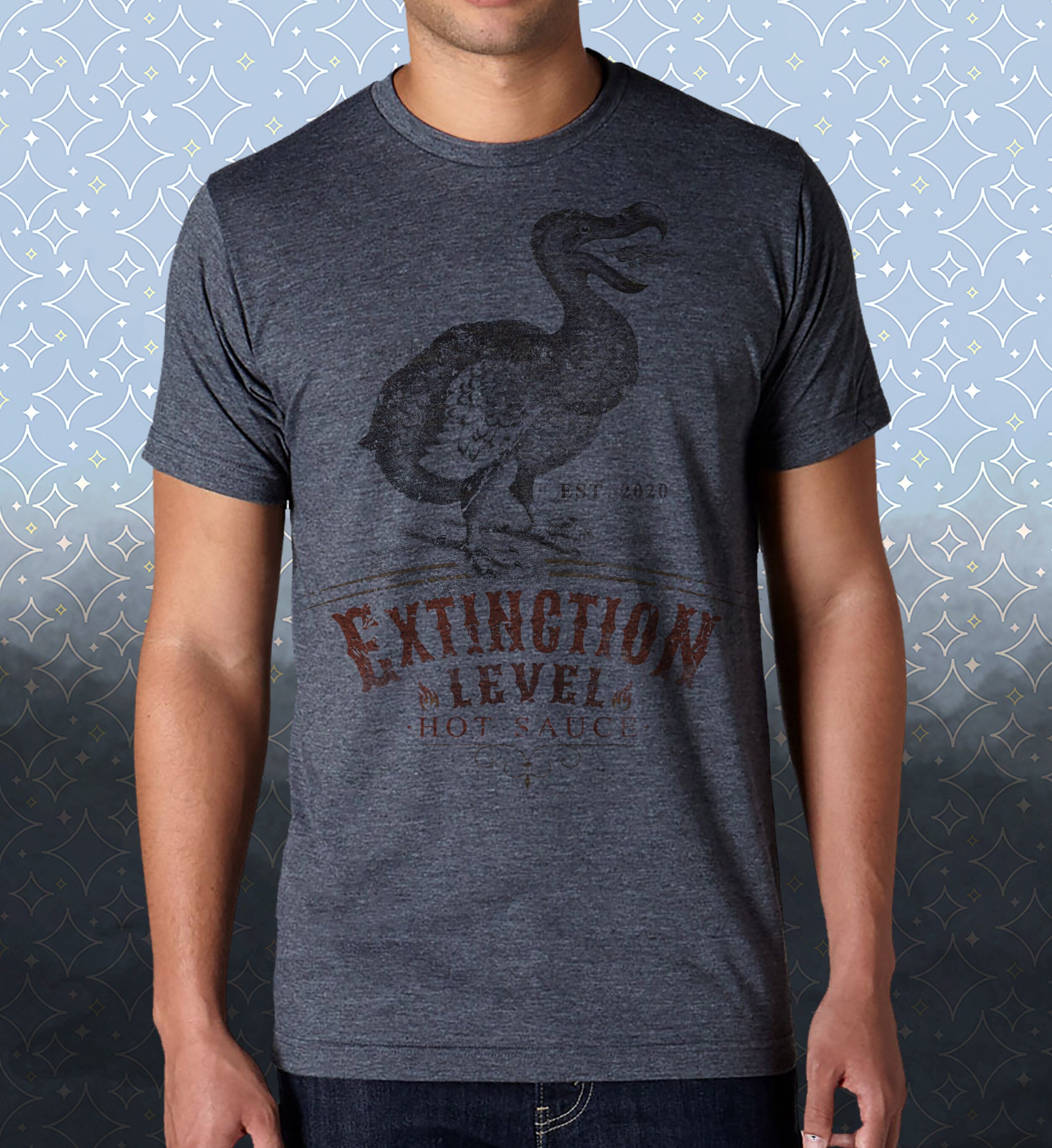 Extinction Level Hot Sauce Vintage-style T-Shirt Tee Dodo Bird Humor Foodie Spoof