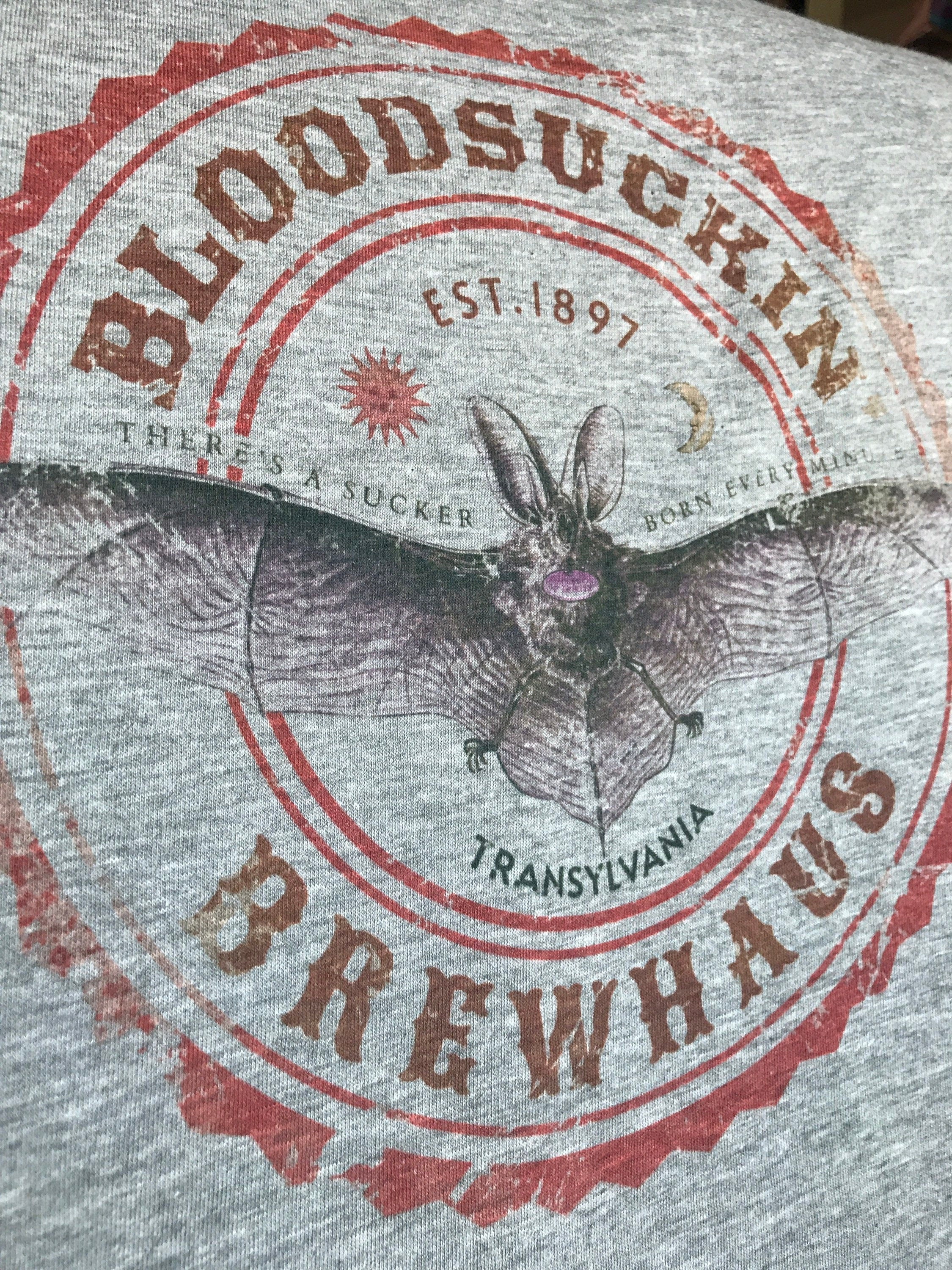 Bloodsuckin' Brewhaus Vintage-style T-Shirt Tee Transylvania Vampire Bat Beer Vacation Trip Travel