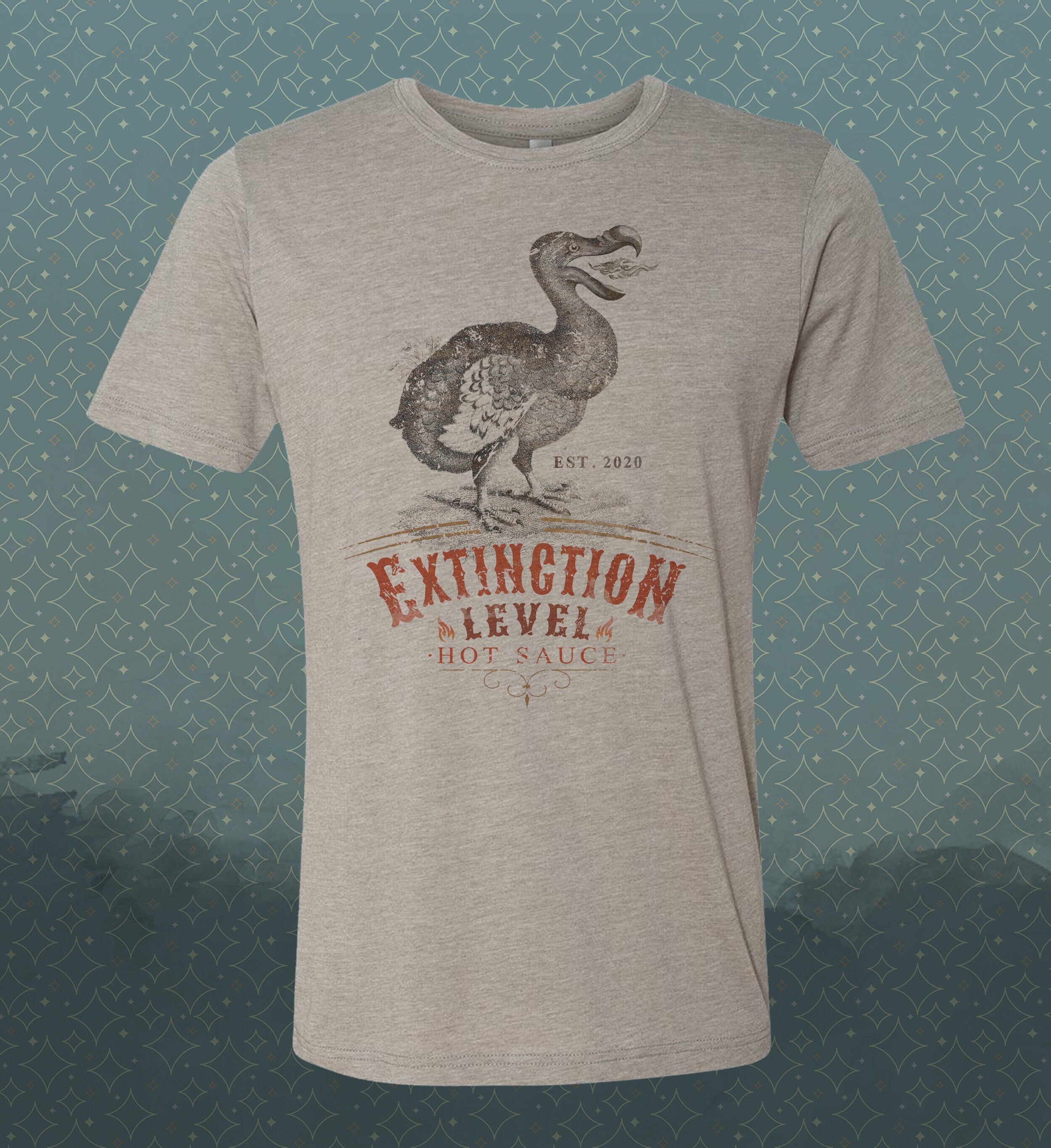 Extinction Level Hot Sauce Vintage-style T-Shirt Tee Dodo Bird Humor Foodie Spoof