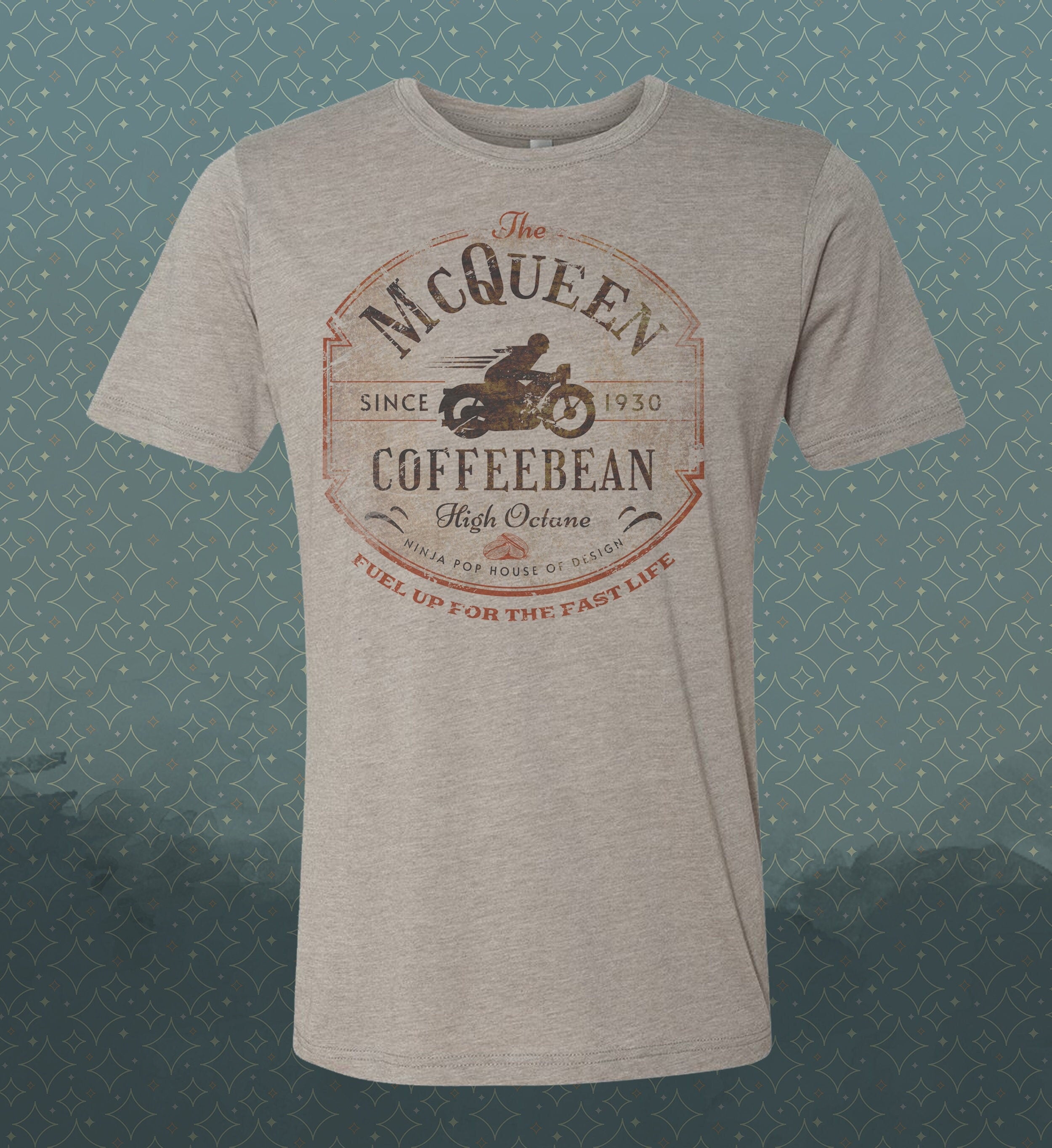 McQueen Coffebean- Vintage-style T-Shirt Tee High Octane Spoof Travel Foodie Coffee