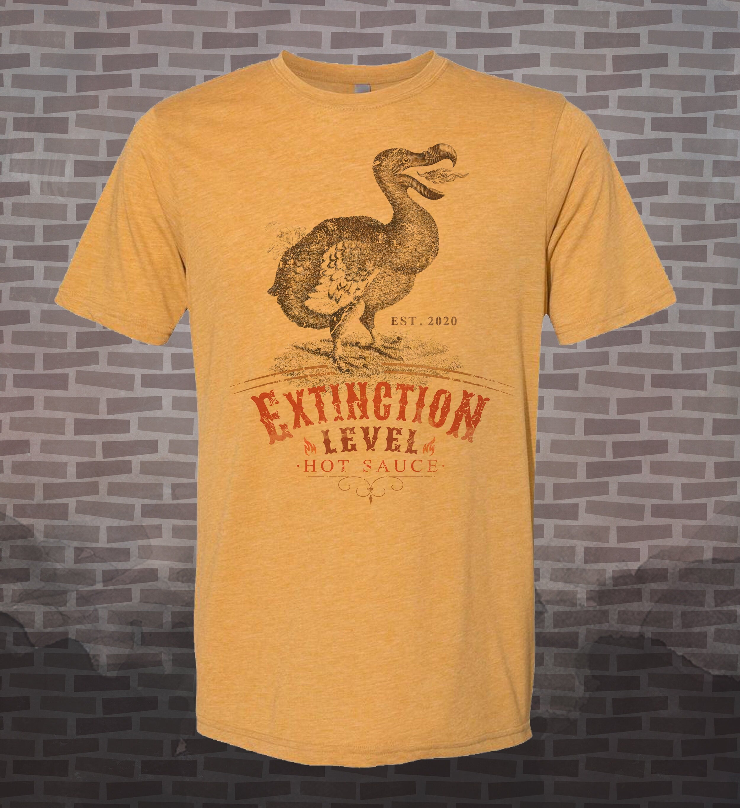 Extinction Level Hot Sauce Vintage-style T-Shirt Tee Dodo Bird Humor Foodie Spoof