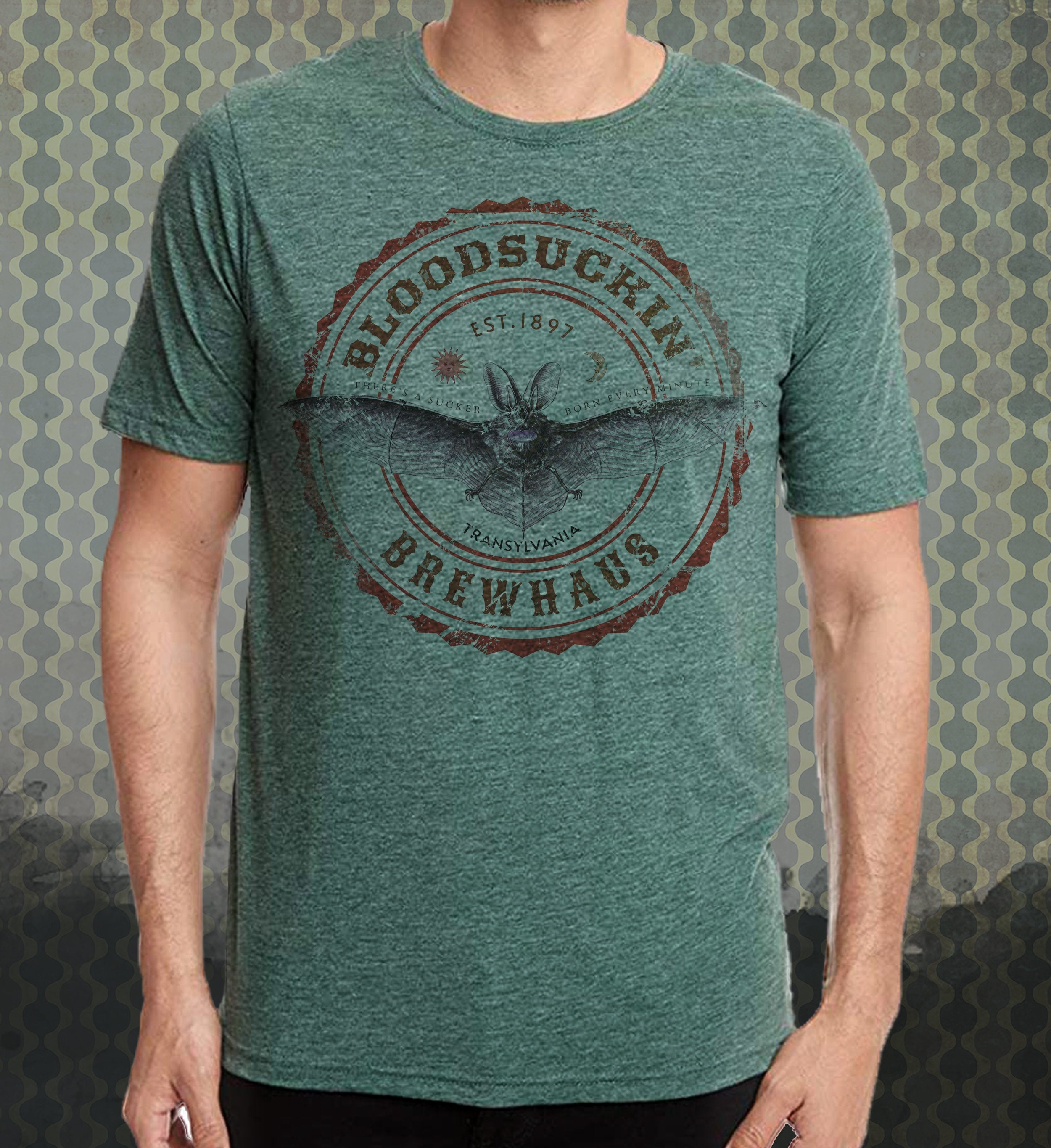Bloodsuckin' Brewhaus Vintage-style T-Shirt Tee Transylvania Vampire Bat Beer Vacation Trip Travel