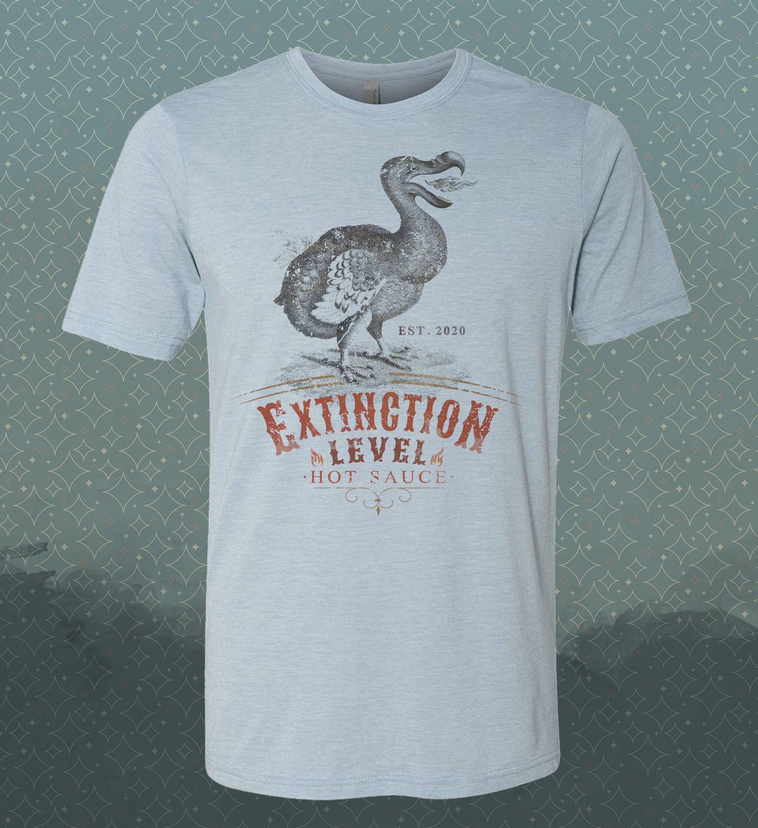 Extinction Level Hot Sauce Vintage-style T-Shirt Tee Dodo Bird Humor Foodie Spoof