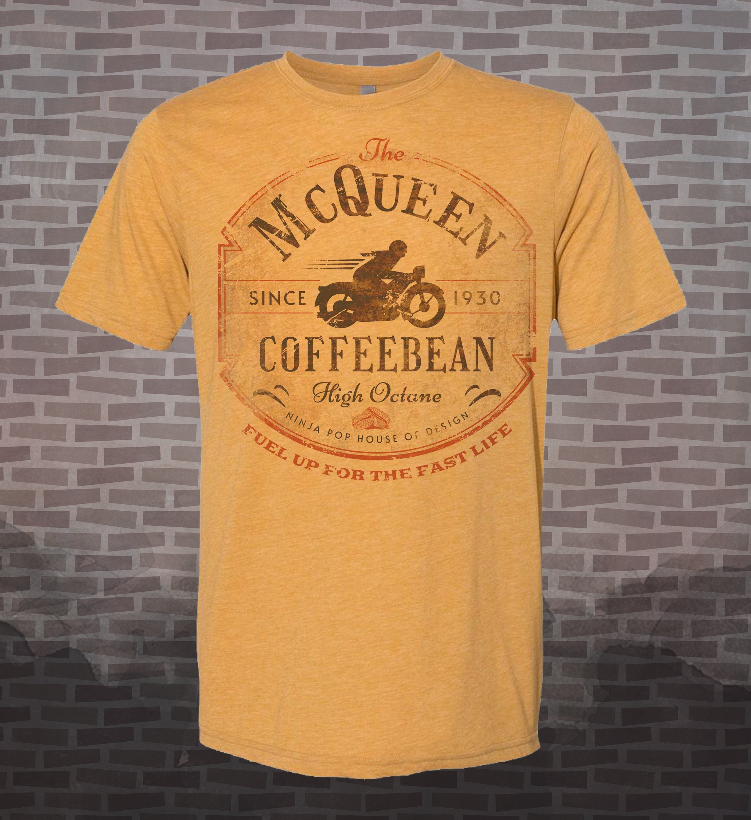 McQueen Coffebean- Vintage-style T-Shirt Tee High Octane Spoof Travel Foodie Coffee
