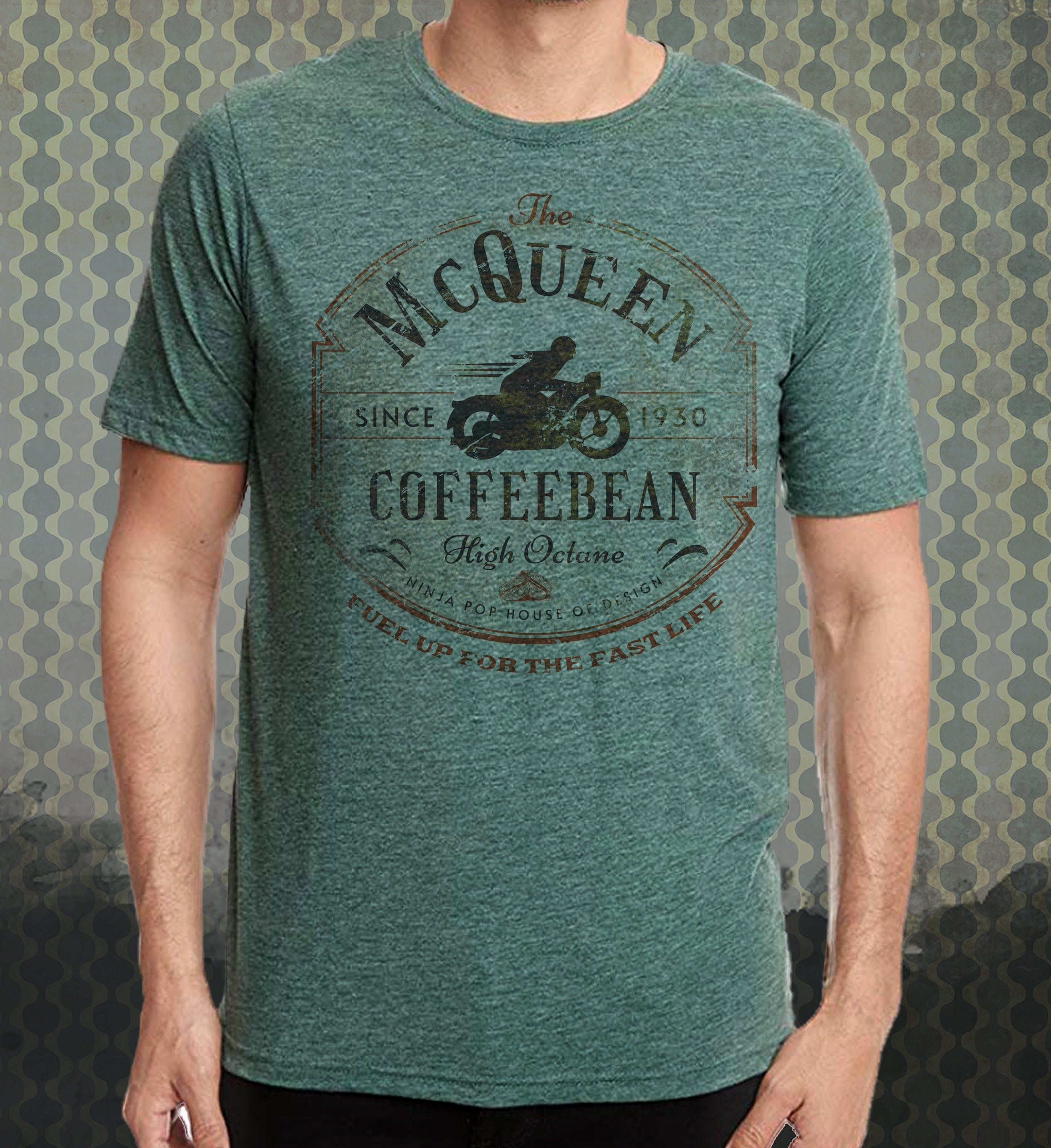 McQueen Coffebean- Vintage-style T-Shirt Tee High Octane Spoof Travel Foodie Coffee