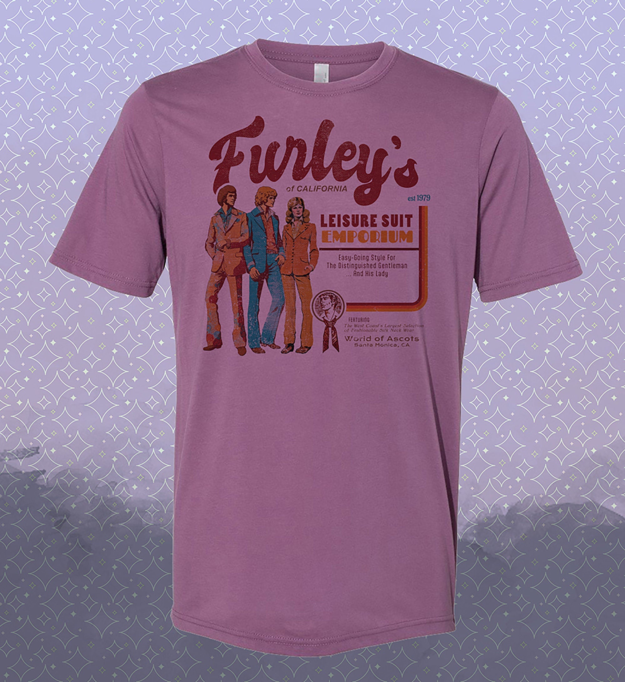 Threes Company Tribute Vintage Style T-Shirt: Furley's Leisure Suit Emporium Retro Tee