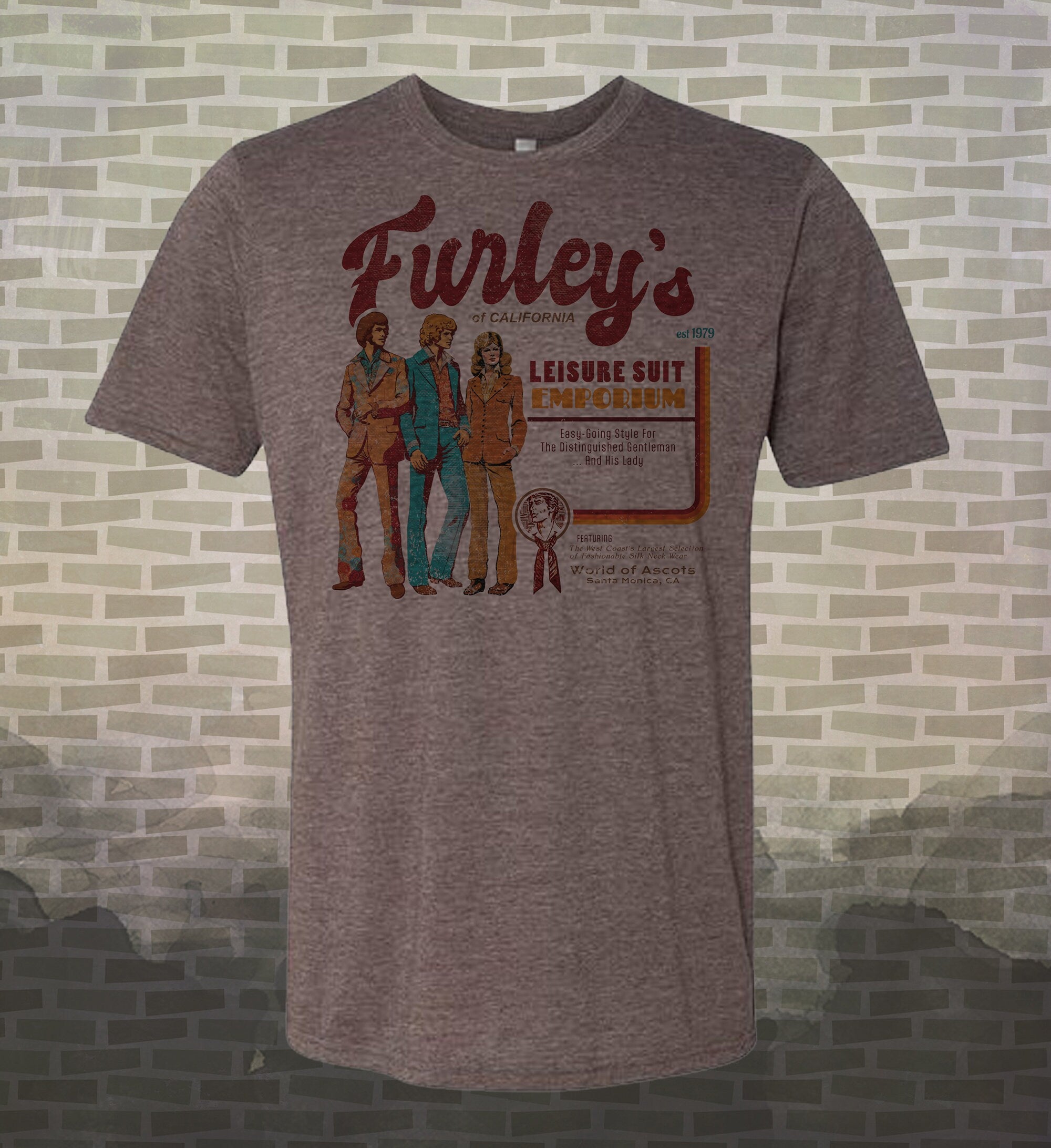 Threes Company Tribute Vintage Style T-Shirt: Furley's Leisure Suit Emporium Retro Tee