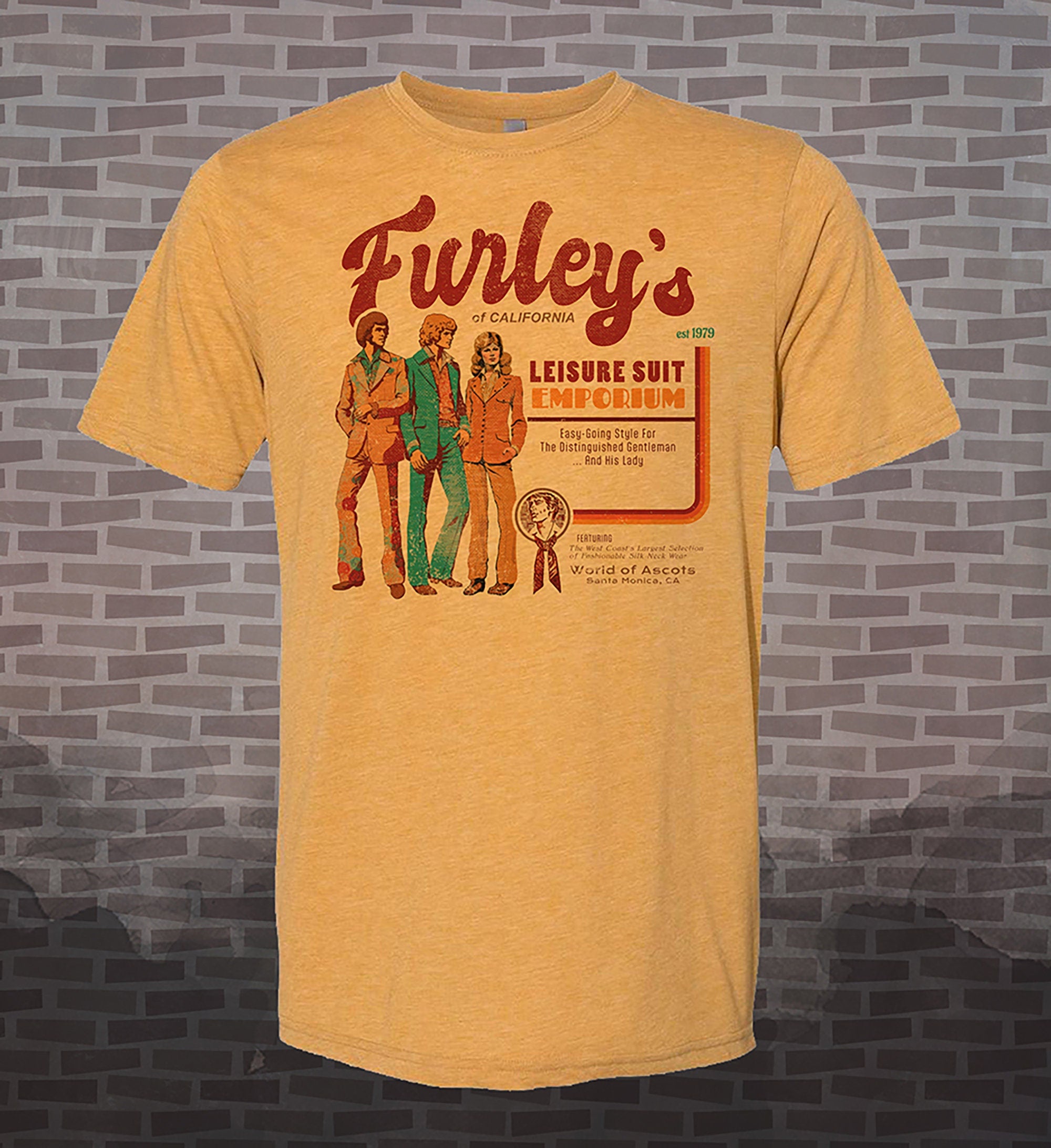 Threes Company Tribute Vintage Style T-Shirt: Furley's Leisure Suit Emporium Retro Tee