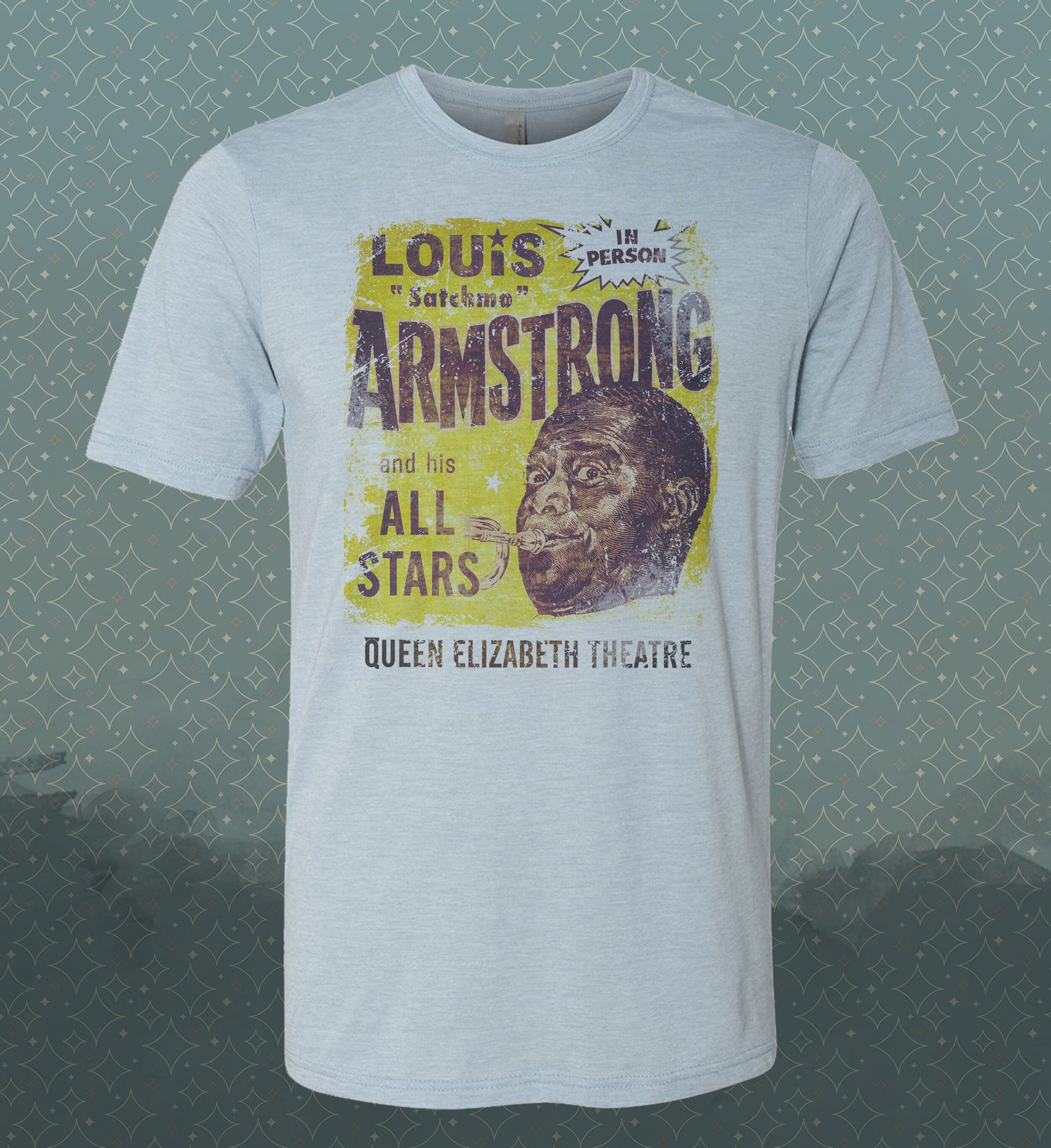 Louis Armstrong -Live- Satchmo Vintage-Style Swing Jazz Tribute Tee -Trumpet -Dixieland concert poster Pops
