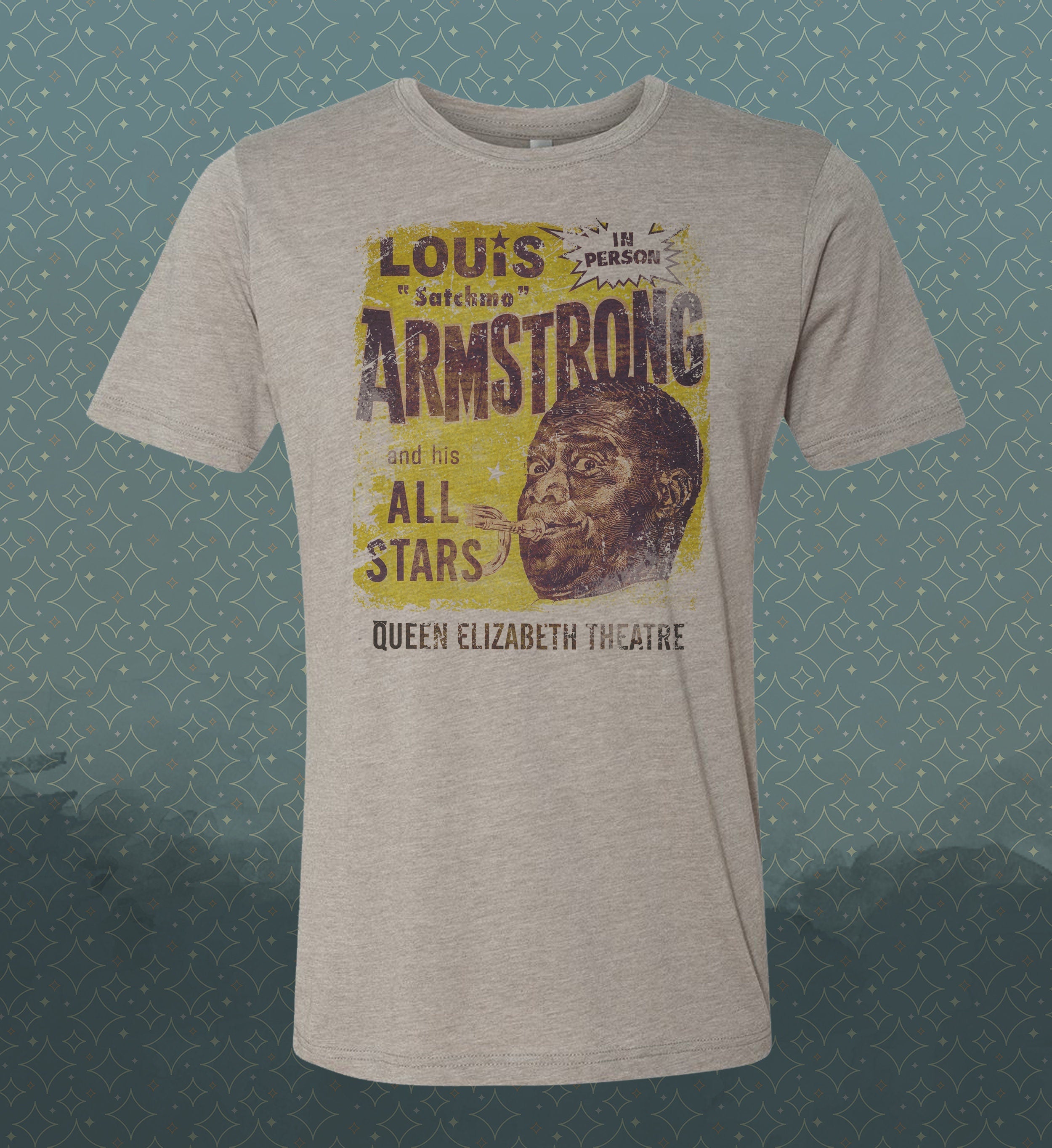 Louis Armstrong -Live- Satchmo Vintage-Style Swing Jazz Tribute Tee -Trumpet -Dixieland concert poster Pops