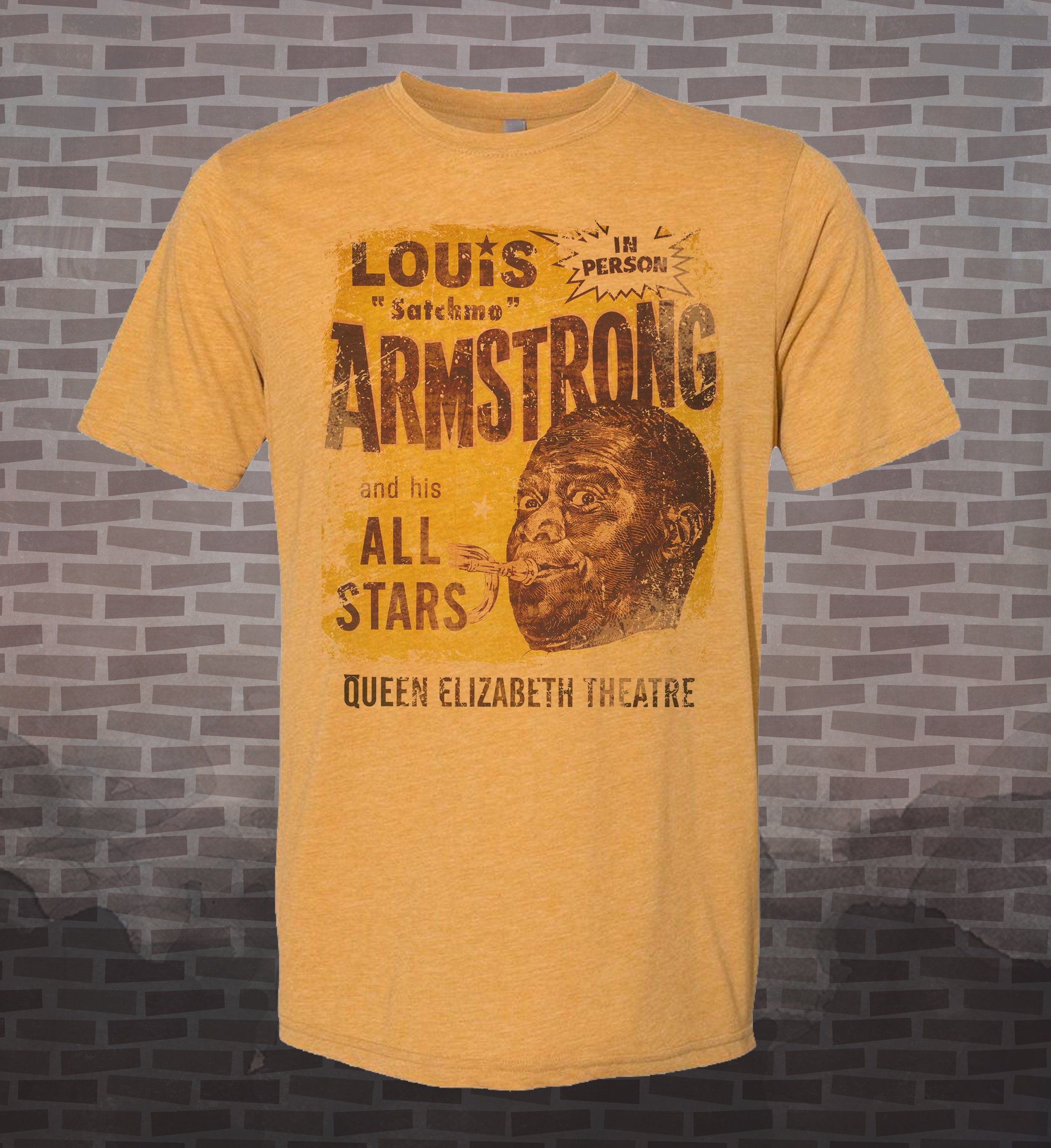 Louis Armstrong -Live- Satchmo Vintage-Style Swing Jazz Tribute Tee -Trumpet -Dixieland concert poster Pops