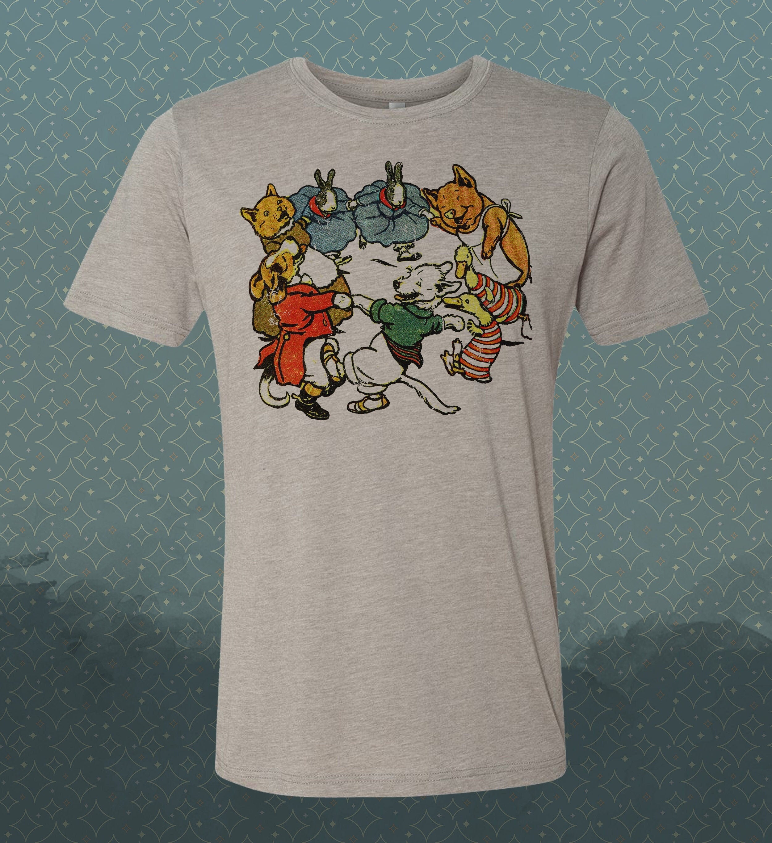 Pet Mosh Pit graphic aldin animals circle dance- nursery rhyme-ring around the rosy