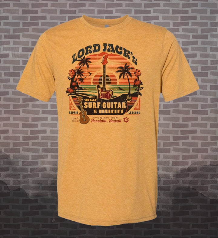 Hawaii Five-O Vintage Surf Guitar T-Shirt: Honolulu Hawaii Retro Design