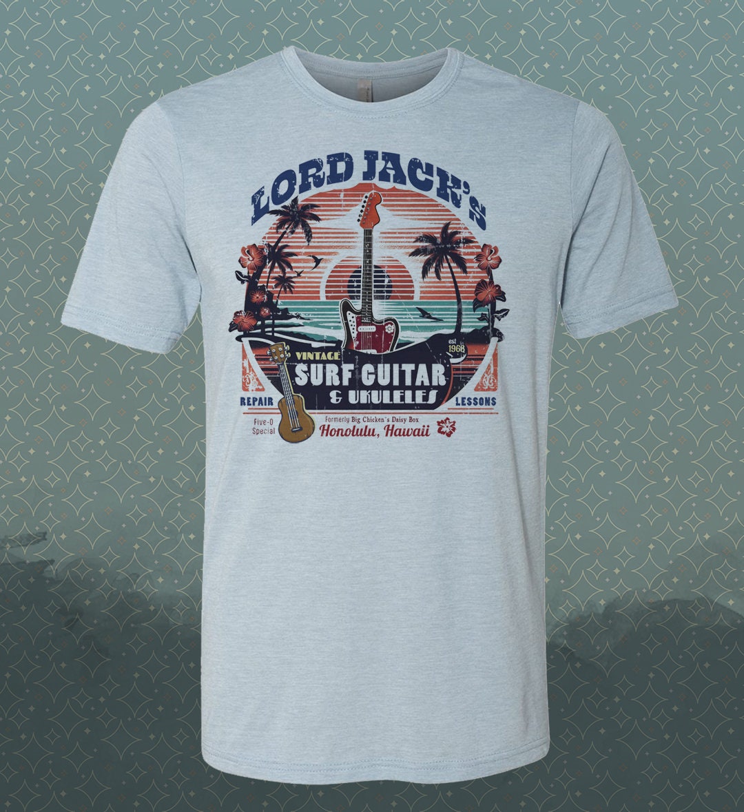 Hawaii Five-O Vintage Surf Guitar T-Shirt: Honolulu Hawaii Retro Design