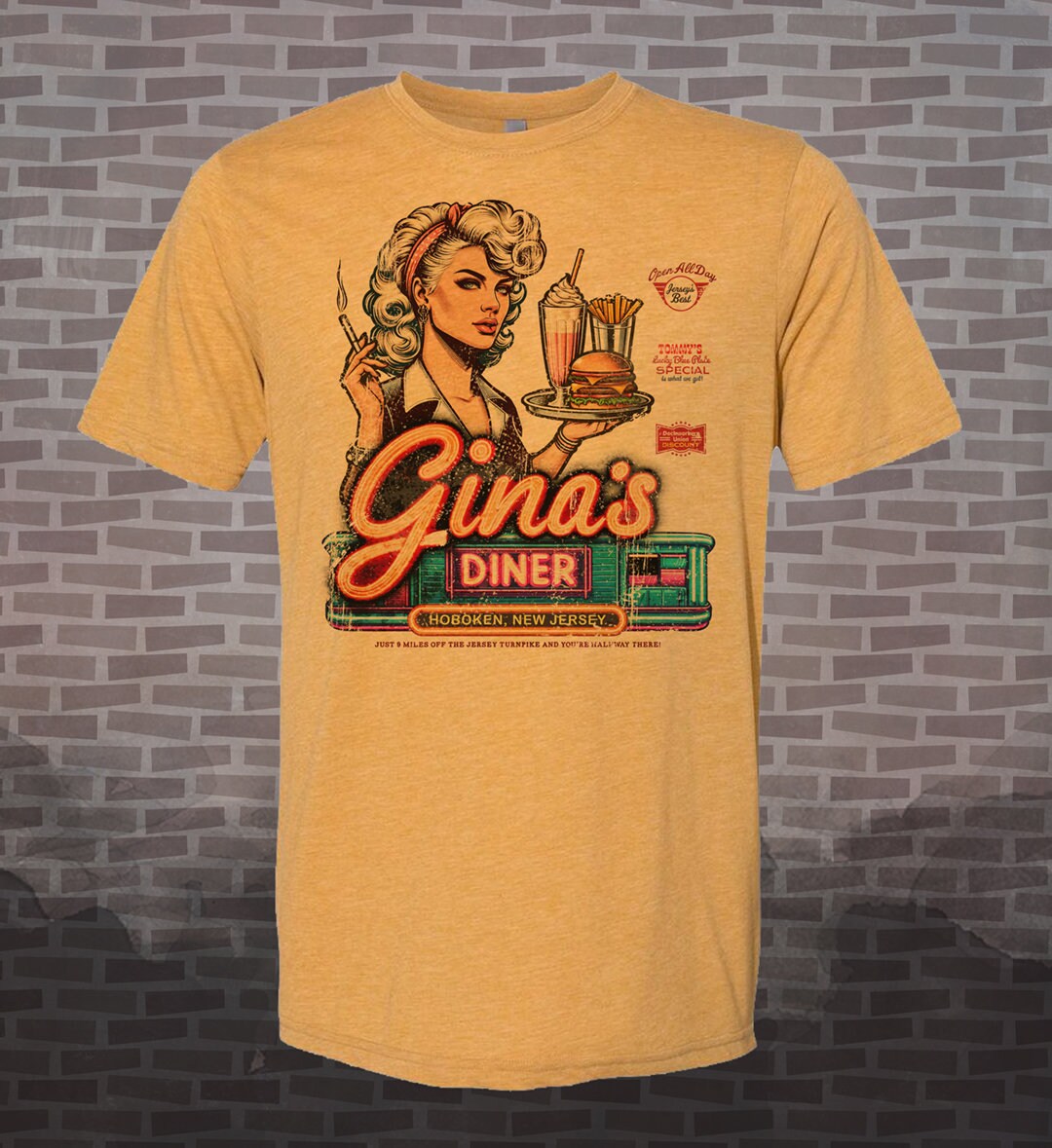 Gina's Diner Hoboken Tee: Bon Jovi Tribute, Vintage Style Graphic