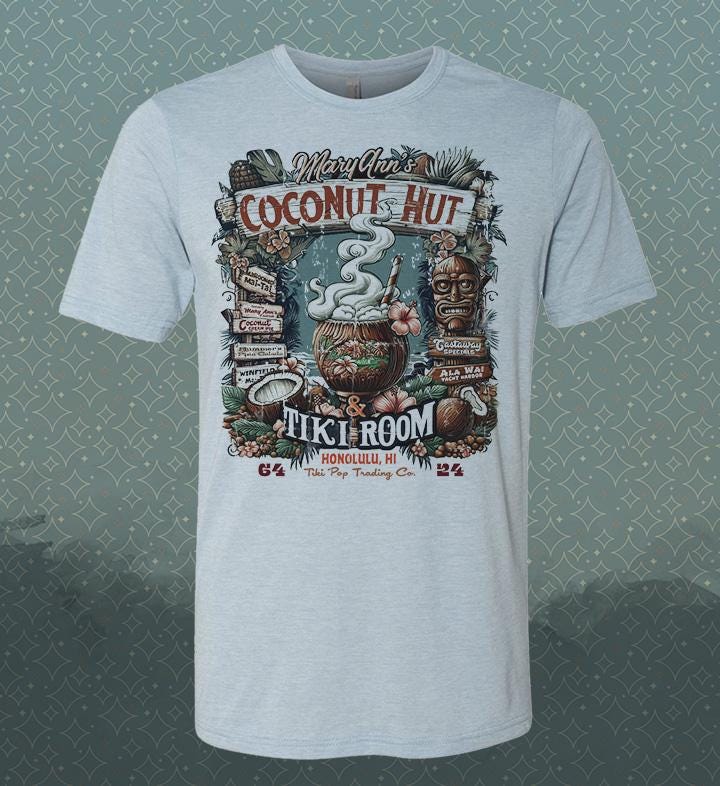 Gilligans Isle Vintage-Style Tiki T-Shirt: Mary Ann's Coconut Hut, Hawaii Souvenir