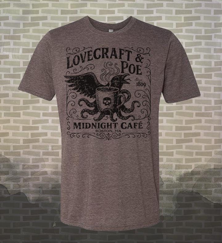 Lovecraft & Poe- Midnight Café Raven Vintage-style T-Shirt Tee Literature Poetry Gothic Boston