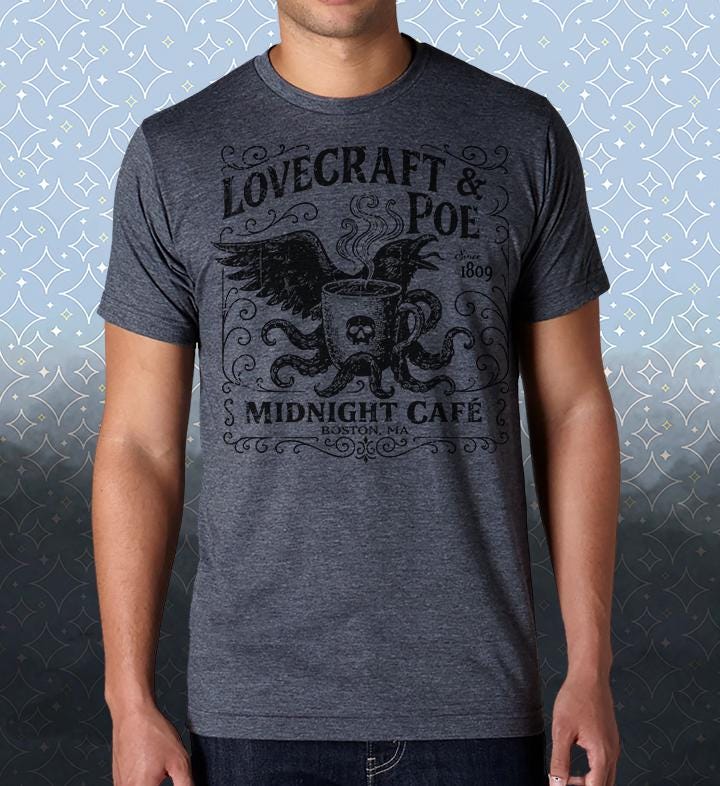 Lovecraft & Poe- Midnight Café Raven Vintage-style T-Shirt Tee Literature Poetry Gothic Boston