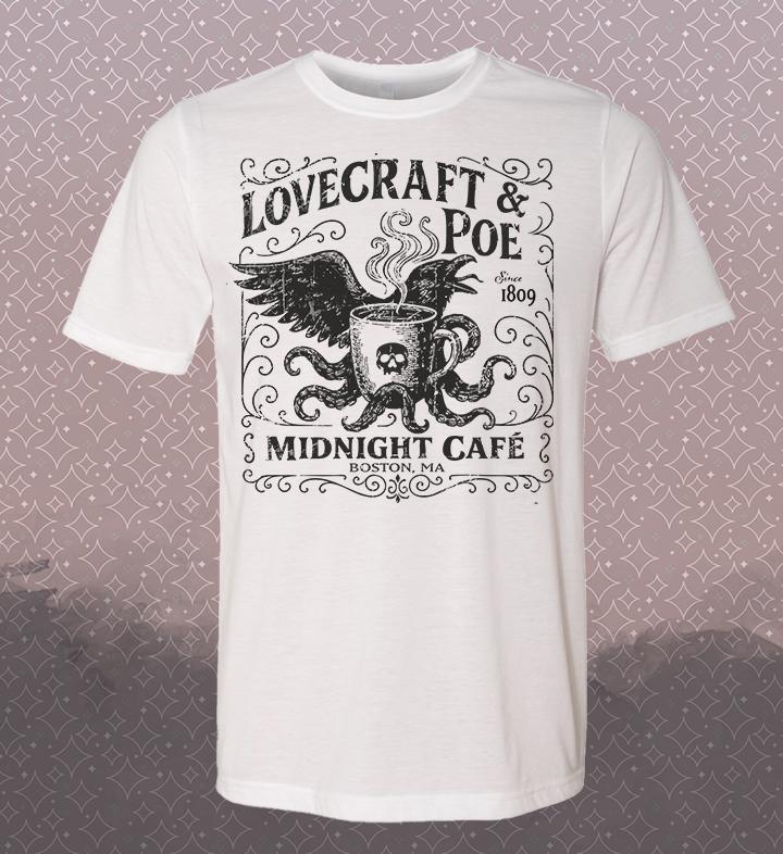 Lovecraft & Poe- Midnight Café Raven Vintage-style T-Shirt Tee Literature Poetry Gothic Boston