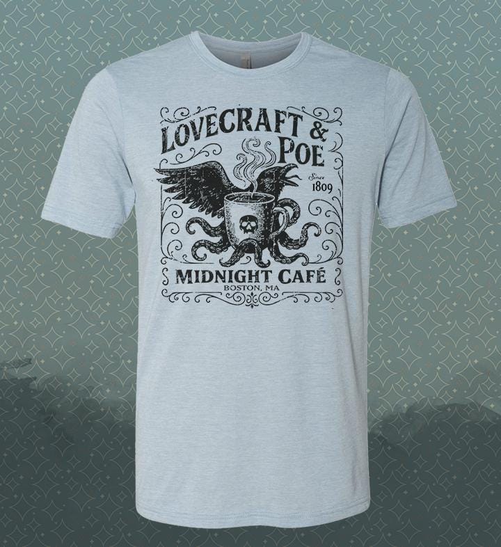 Lovecraft & Poe- Midnight Café Raven Vintage-style T-Shirt Tee Literature Poetry Gothic Boston