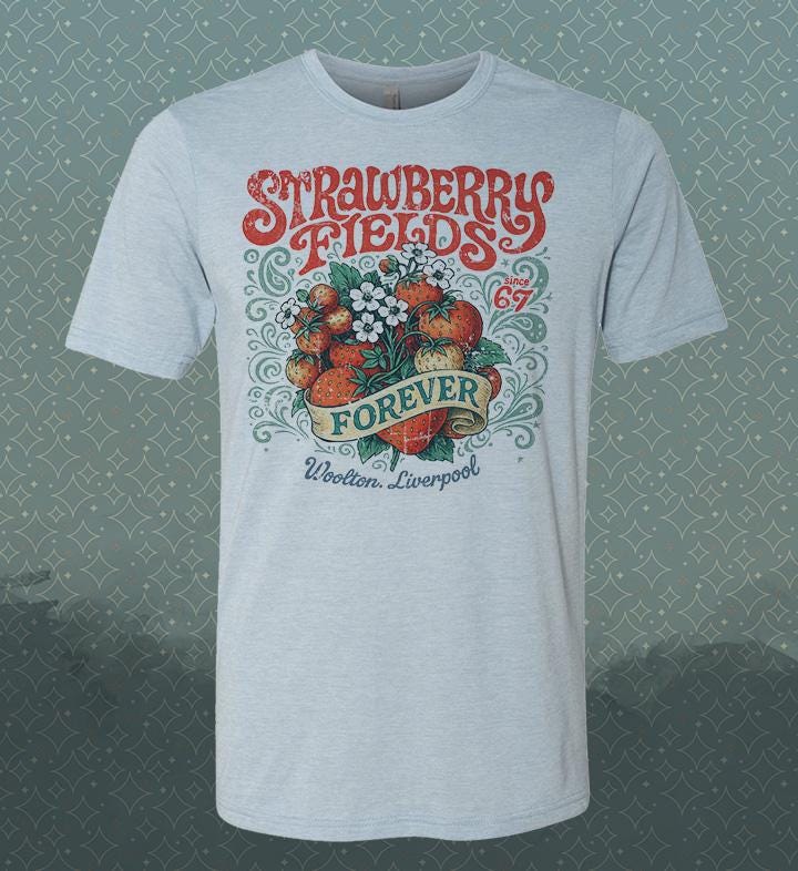 Vintage Style Strawberry Fields T-Shirt: Liverpool Rock n Roll Tribute
