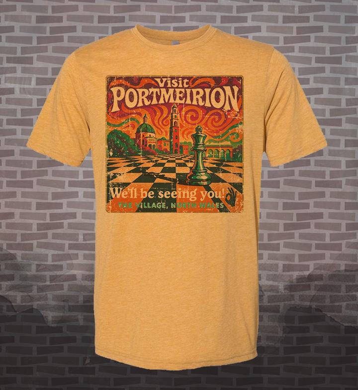 The Prisoner Tribute T-Shirt – Retro Portmeirion Village Tee – British TV Travel Shirt, Kitsch & Nostalgia Design