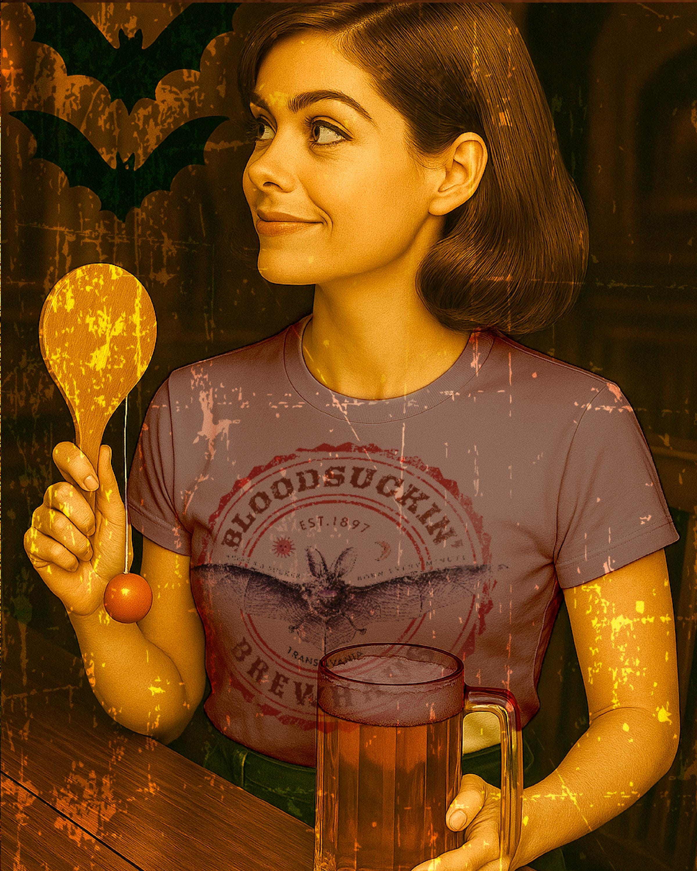 Bloodsuckin' Brewhaus Vintage-style T-Shirt Tee Transylvania Vampire Bat Beer Vacation Trip Travel