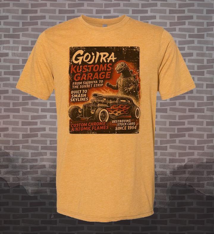 Gojira Customs Garage Hot Rod Vintage-style T-Shirt Tee Kaiju Godzilla