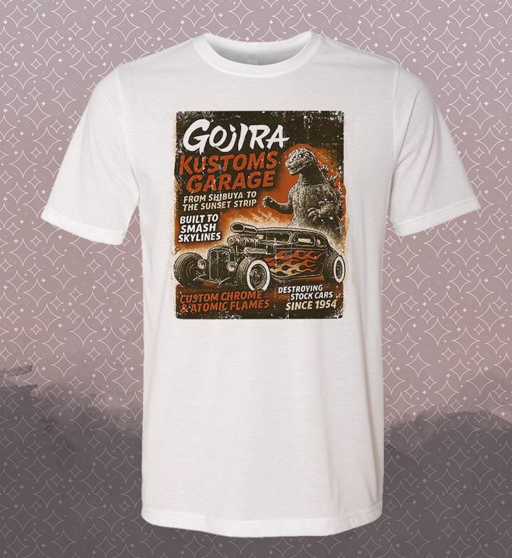 Gojira Customs Garage Hot Rod Vintage-style T-Shirt Tee Kaiju Godzilla